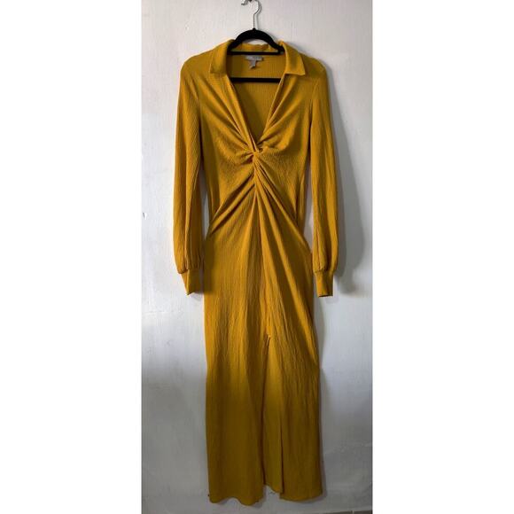 Asos Mustard Maternity Maxi Dress Long Sleeve Front Slit Size 8 Collared - Picture 1 of 7